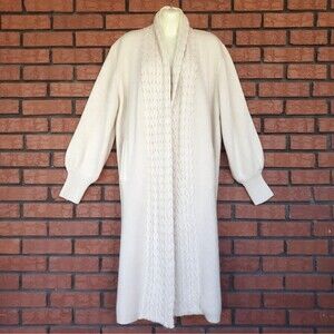 Vintage 90s Sideffects Duster Sweater Size L Beige Open Front Cable Knit Acrylic